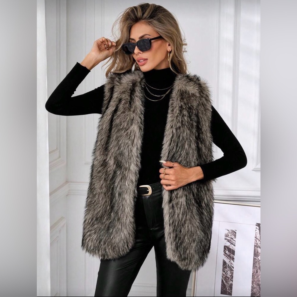 SHEIN Gray Faux Fur Sleeveless Vest
